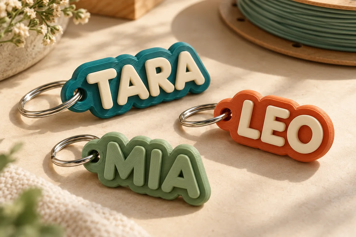Example 3D-printed keychains with raised names in teal, sage and terracotta