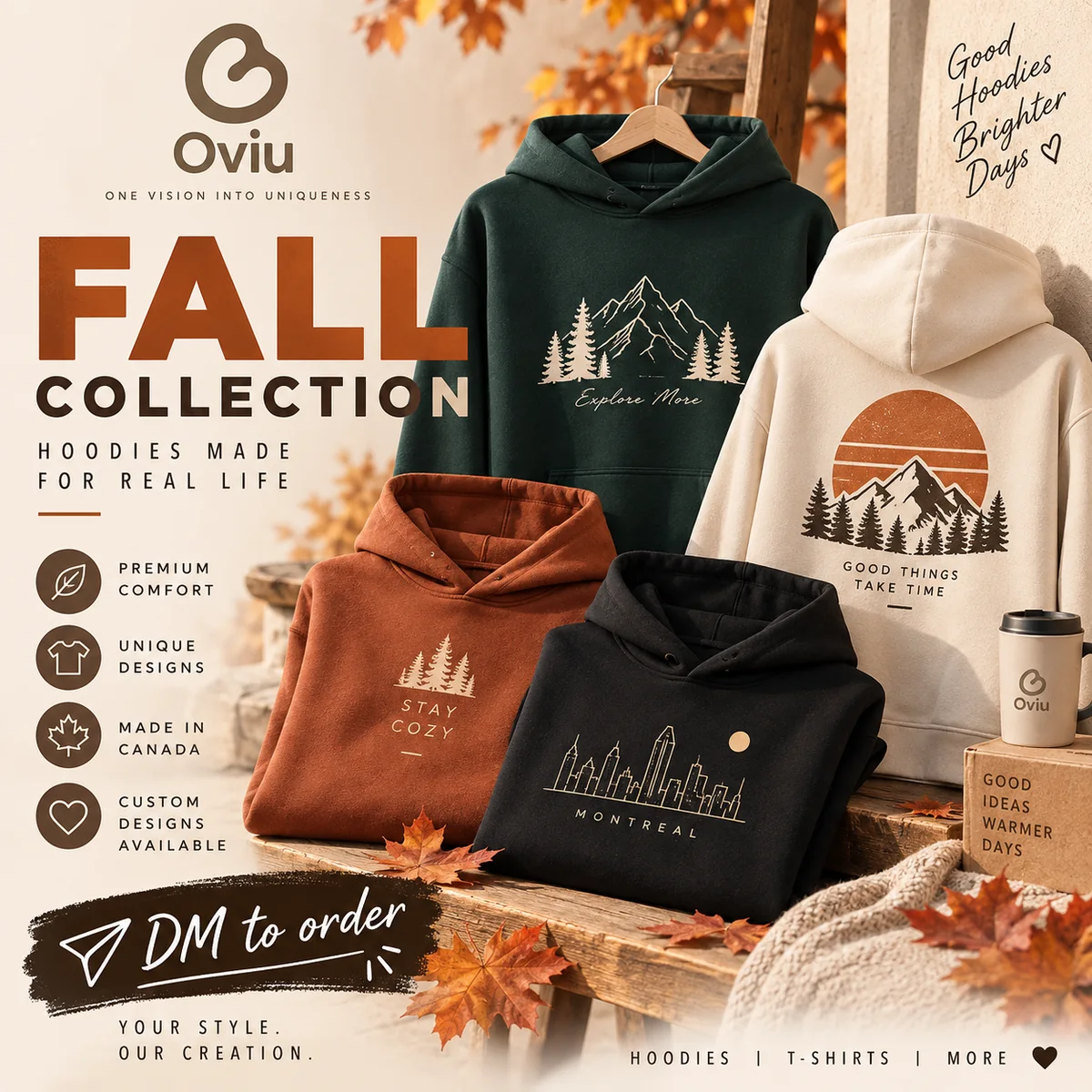 OVIU Fall Collection featuring green, cream, rust and black custom hoodies