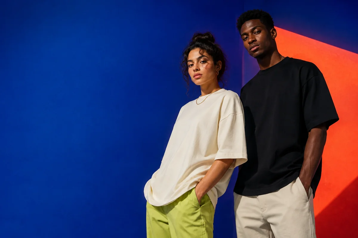 Two models wearing plain cream and black T-shirts