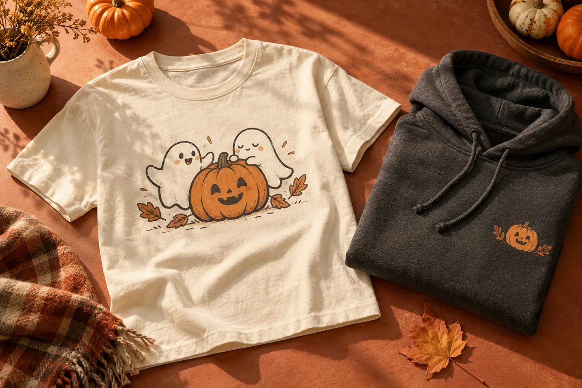 Cream T-shirt and charcoal hoodie with pumpkin and ghost design examples
