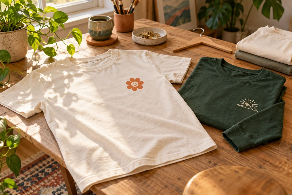Cream flower-print T-shirt and green sun-print long-sleeve T-shirt on a wooden table